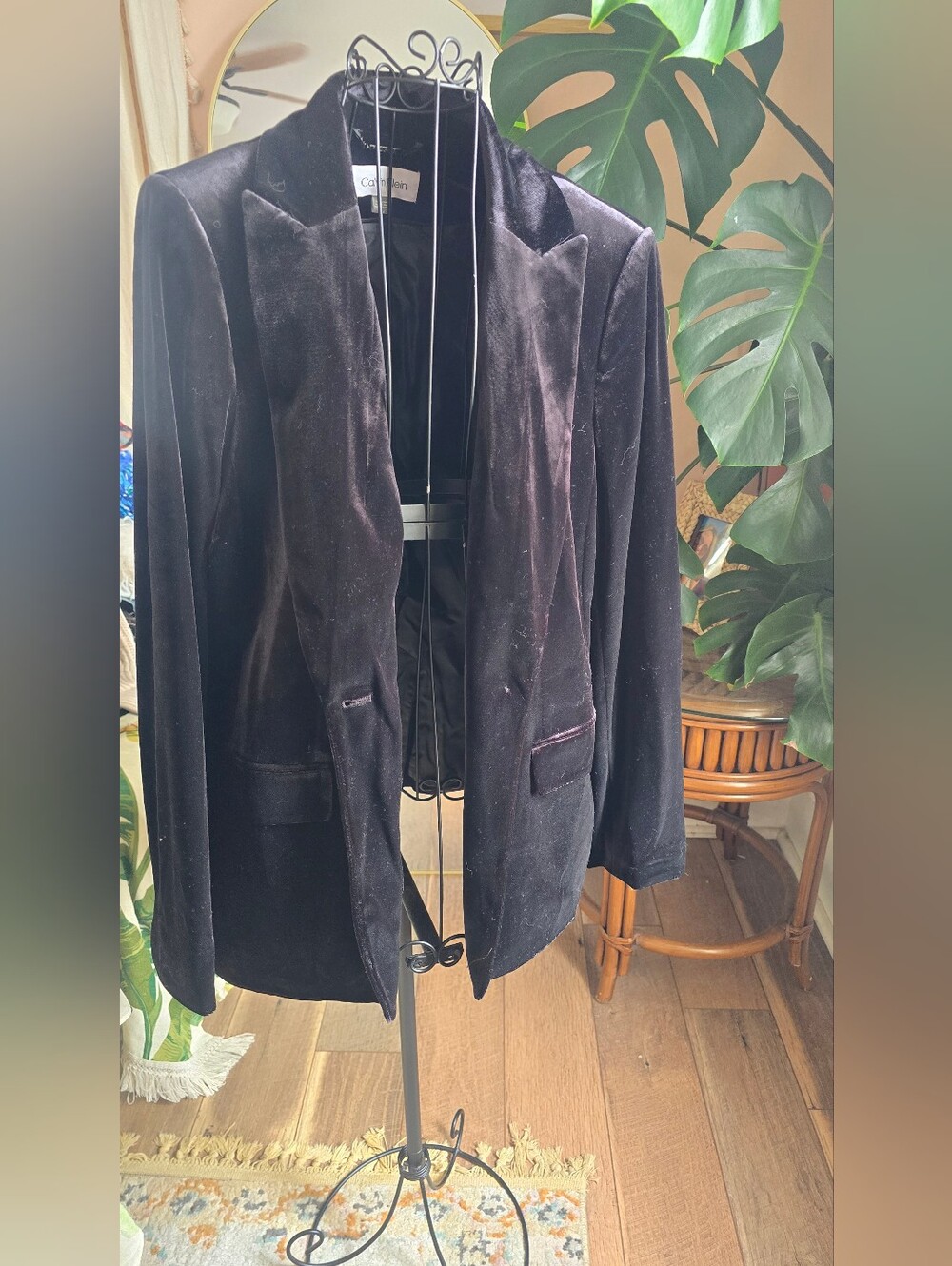 Women's Calvin Klein Black Velvet Peak Lapel One-Button Blazer Size 14